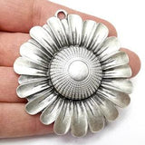Sunflower Flower Pendant, Antique Silver Plated Pendant (69x65mm) G33071