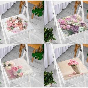 Pink Rose Bouquet Chair Cushion with Ties, Roses in Vase Outdoor Seat Pads, Purple Floral Wicker Chair Pad, Unique Dining Room Deco