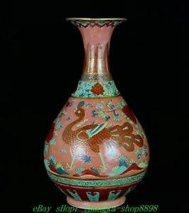 13.7'' Old Yuan Dynasty Wucai Porcelain Gilt Peacock Peony Flower Bottle Vase
