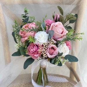 Dusty Pink and Desert Pink Bridal Bouquet, Classic Wedding Rose Bouquet, Rustic Boho Flower Bouquet,  Design in Rose and Peony