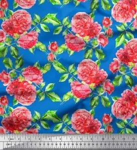 Soimoi Velvet Fabric Leaves & Peony Floral Print Fabric by metre-LQg