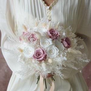 White & Pink Preserved Roses Boho wedding bouquet,natural wedding flowers,Exquisite Roses bouquet,Bridal/Bridesmaid Dried flowers bouquet