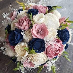 Navy and dusty pink bouquet,  dusty rose wedding flowers, Dark Blue and Muted Pink Bridal Bouquet, Sola Wood Flowers, Custom bouquet Colors