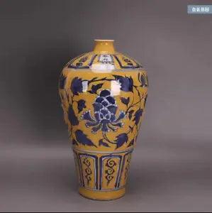 13.6" China Old porcelain yuan dynasty Blue white Yellow peony flower Pulm Vase