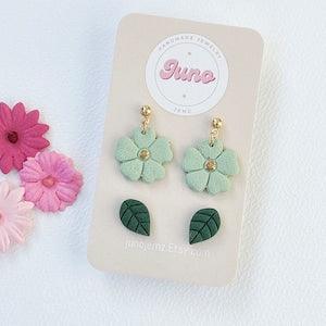 Garden Lovers Dangle Earrings, Flower Earrings Mint Green, Leaf Earrings Green, Polymer Clay Earrings Set