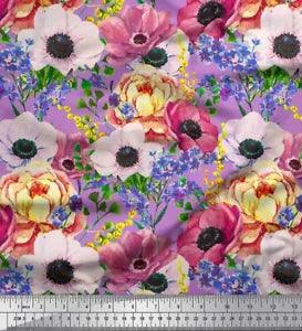 Soimoi Purple Cotton Poplin Fabric Peony & Anemone Floral Print-AwT