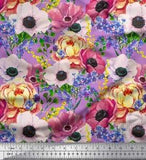Soimoi Purple Cotton Poplin Fabric Peony & Anemone Floral Print-AwT