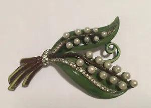 vintage 1950s Lily of the valley brooch. Pot Metal, Enamel, Pearl. 3 Inches.