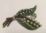 vintage 1950s Lily of the valley brooch. Pot Metal, Enamel, Pearl. 3 Inches.
