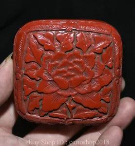 3 " China Red Lacquerware Dynasty Peony Flower Pattern Jewelry Storage Box