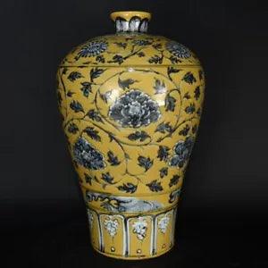 13.4" Old Porcelain ming dynasty hongwu Blue white yellow peony flower Pulm Vase