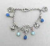 Water Lily Lotus Bracelet with Blue Glass Dangle Silver 8 in