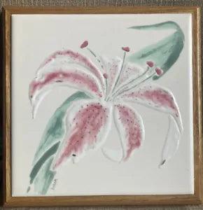 Wood Framed Pink & White Easter Lily Decorative Ceramic Tile Painting Handmade
