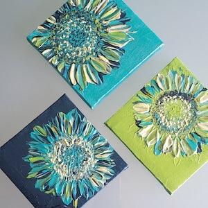 Small sunflower painting. Iridescent textured floral art. Acrylic palette knife art. Original painting. Abstract flower. Gift for her.