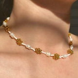 Seed-beads pearl necklace with gold flowers, handmade necklace, beaded necklace with real freshwater pearls and seed beads gold flowers