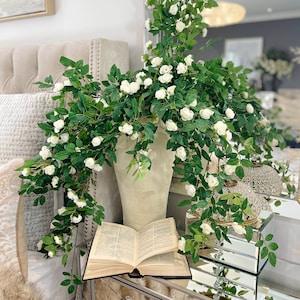 White Sweet Briar Rose bouquet, Sumptuous cascading faux flowers, artificial Plants, green Leaves, wedding DIY, romantic floral home decor