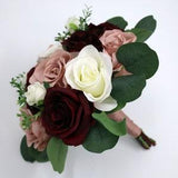 Burgundy Dusty Rose Ivory Wedding Bouquets, Faux Artificial Bridal and Bridesmaids Bouquets, Silk Wedding Flowers with Roses Eucalyptus