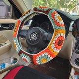 Handmade Crochet Steering Wheel Cover Rainbow Sunflower Granny Square Car Accessories Decor Safe Belt Cover