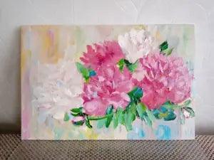 peonies oil painting on canvas, oil painting pink and white peonies in vase, art