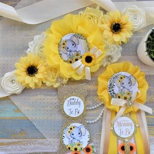 Sunflower Elephant Baby Shower, Yellow Ivory Flower Corsage Pin, Mommy To Be, Daddy To Be, Gender Reveal Sunflower Baby Shower, Sunflower
