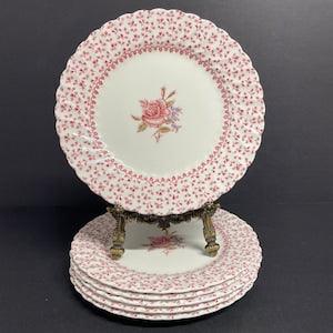 Vintage Johnsons Bros Rose Bouquet salad or dessert plates in pink and white with a rose in the cup hand engraved set of 6 made in England