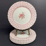 Vintage Johnsons Bros Rose Bouquet salad or dessert plates in pink and white with a rose in the cup hand engraved set of 6 made in England