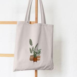 Botanical Cotton Tote Bag | House Plants Long Handle Lightweight Cotton Canvas Market Tote Bag | Eco Friendly Reusable Tote Plant Design