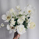 Faux bridal bouquet with white cosmos flowers and daisy flowers, bridesmaid bouquet with daisy flowers, white fake bouquet, white artificial