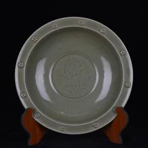 13.4" Antique Porcelain song dynasty longquan kiln cyan glaze peony flower Plate
