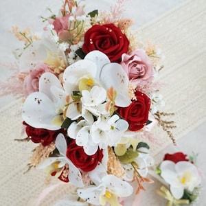 Phanaelopsis orchids and roses faux bridal bouquet-cascade bouquet-destination bouquet-Keepsake bouquet