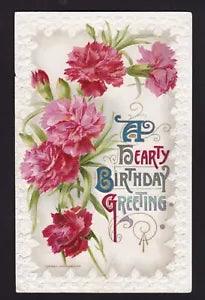 c1910  Winsch emb.Pink Carnation flowers a Heart Birthday Greeting postcard