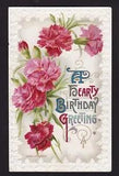 c1910  Winsch emb.Pink Carnation flowers a Heart Birthday Greeting postcard