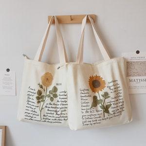Floral Canvas Tote Bag, Flowers Canvas Tote Bag with Zip, Canvas Tote Bag with Zipper, Aesthetic Canvas Tote Bag, Back to School Bag
