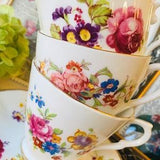 Set of Three English Tea Cups and Saucers in with Pink Roses, Mixed Bouquets, Vintage Mix and Match China, Bridal Tea Party
