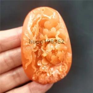 Natural jade Pendant Peony flower statue orange Jewelry figurines necklace