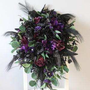 Purple black plum green bouquet, Gothic wedding bouquet, Cascading Halloween wedding bouquet