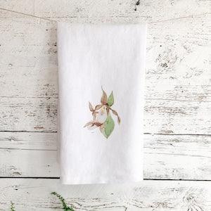 Lady slipper orchid French Linen tea towel, gift for plant lover, woodland themed kitchen decor, wild flower of North America