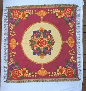 Belgium Woven Tapestry Throw Roses Lilies Tassels Floral Burgundy Gold 62x63