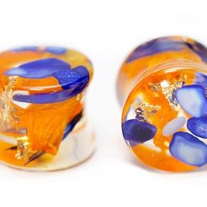Yellow Flower Ear Plugs. Resin Ear Plugs with Blue Petals cornflower, sunflower, lapis lazuli and Gold  flakes. Dried Flower Ear Plugs.