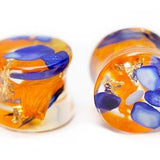 Yellow Flower Ear Plugs. Resin Ear Plugs with Blue Petals cornflower, sunflower, lapis lazuli and Gold  flakes. Dried Flower Ear Plugs.
