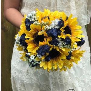 Navy blue and sunflowers bouquet Sunflowers bouquet Navy blue boutonnieres Navy blue Corsage Bride bouquets Bridesmaid bouquets