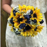 Navy blue and sunflowers bouquet Sunflowers bouquet Navy blue boutonnieres Navy blue Corsage Bride bouquets Bridesmaid bouquets