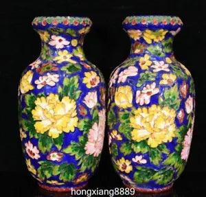 9.4" Old China Enamel Porcelain Dynasty Palace Peony Flower Bottle Vase Pair