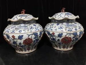 14.6" A pair Porcelain yuan dynasty Blue white red tiger peony flower Jar pot