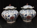 14.6" A pair Porcelain yuan dynasty Blue white red tiger peony flower Jar pot