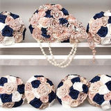 Bridesmaids bouquet Navy blue Champagne rose gold, corsage, boutonniere. Quinceanera bouquet