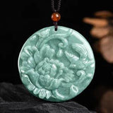 Chinese Natural Emerald Peony Flower Magpie Jade Pendant ????????????? Necklace