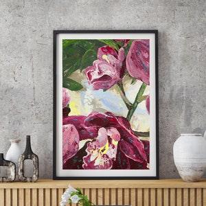 Flower painting print on stretched canvas or fine art paper. Pink, green and white orchids. Textured Floral art print. Orchid wall art.