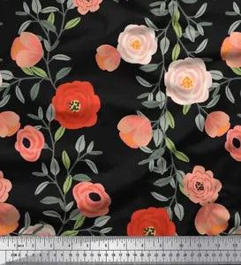 Soimoi Black Velvet Fabric Leaves & Ranunculus Floral Print Fabric-ern