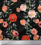 Soimoi Black Velvet Fabric Leaves & Ranunculus Floral Print Fabric-ern